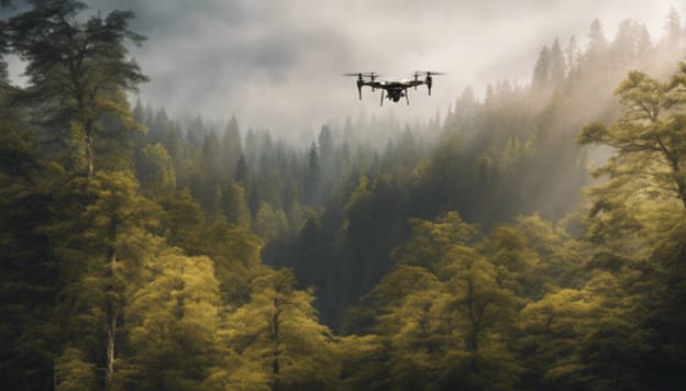 Drone flying over misty forest.