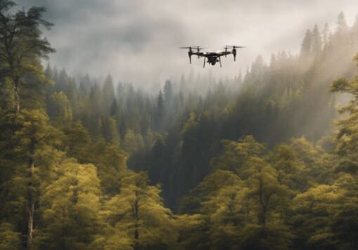 Drone flying over misty forest.